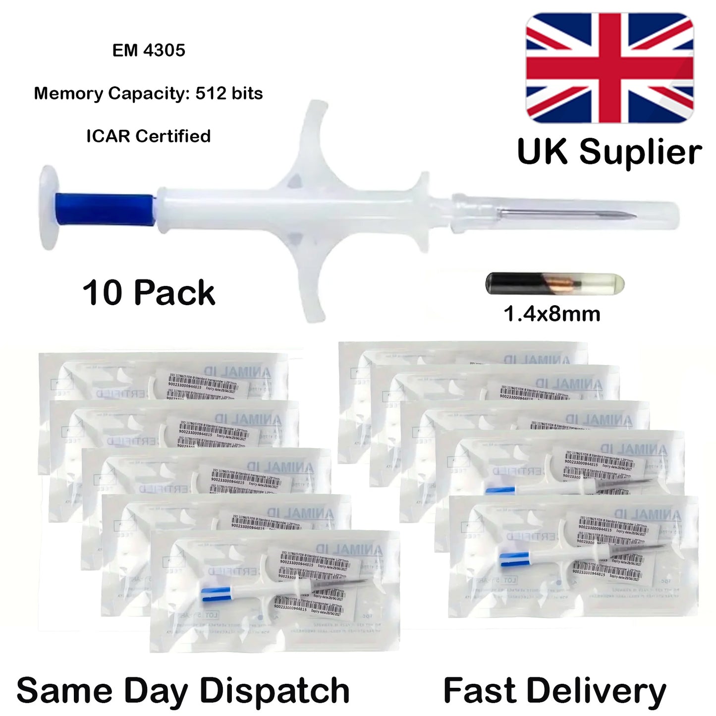 Microchips4Pets | (Full Set) | (10-Pack) | Home Microchipping Kit For Dog Cat Puppy Kitten (1.4 x 8mm)